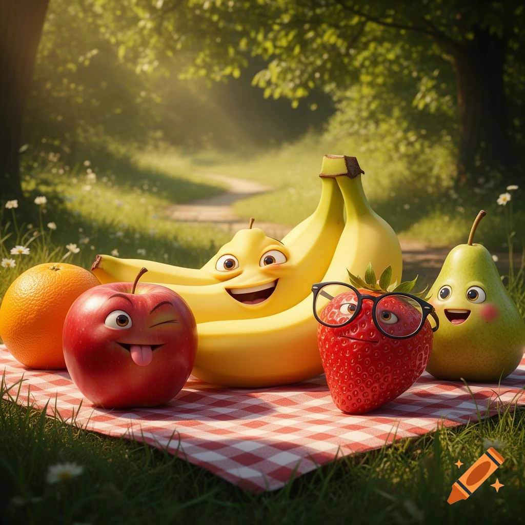 Cartoon fruits, a winking apple, banana, strawberry with glasses, orange, and pear, picnic on a checkered blanket in a sunny park.