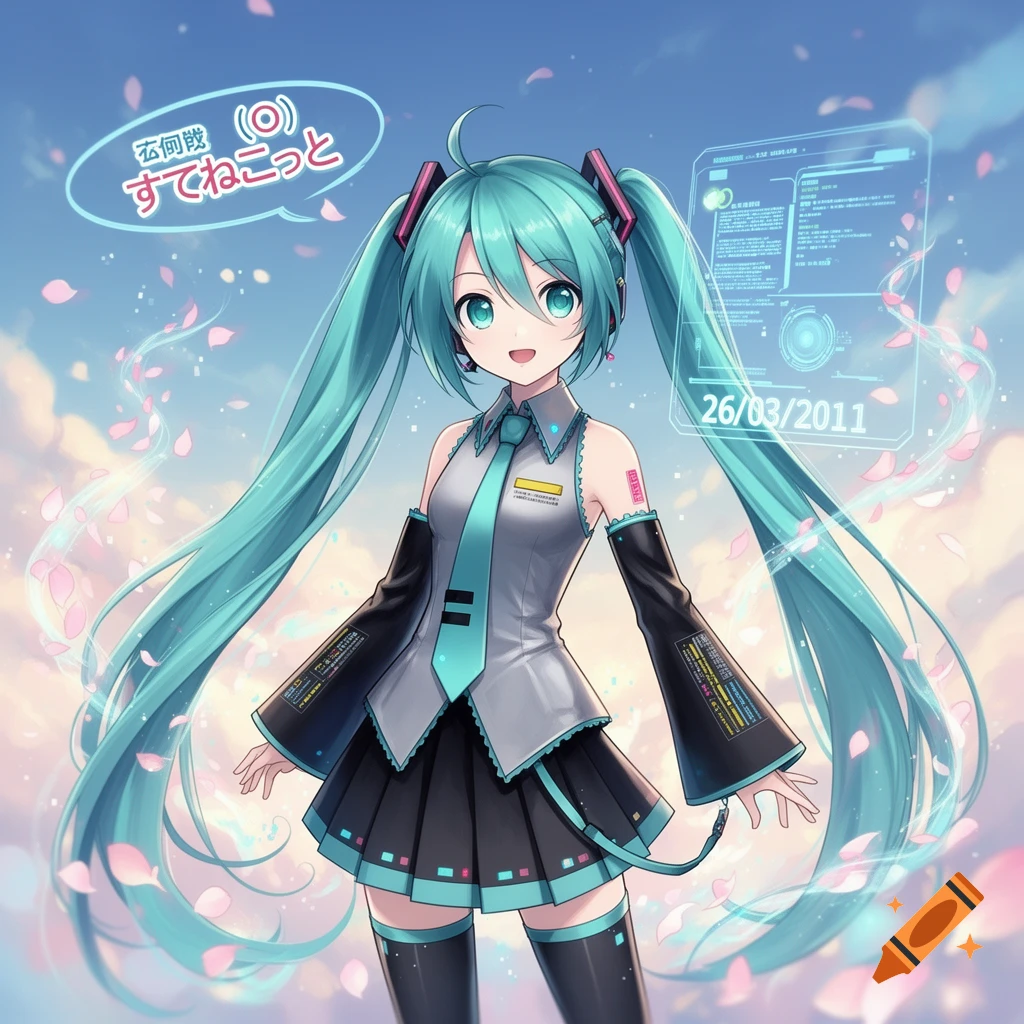 Hatsune Miku, an anime girl with long turquoise pigtails, smiles in a grey and black outfit with a teal tie, surrounded by falling pink petals against a blue sky. Digital panels float nearby showing a date and other information.