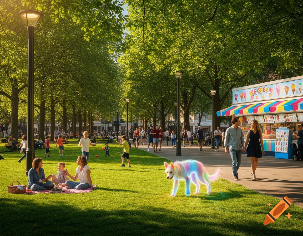 A vibrant park scene with people, an ice cream stand, and a glowing rainbow-colored dog on the grass.