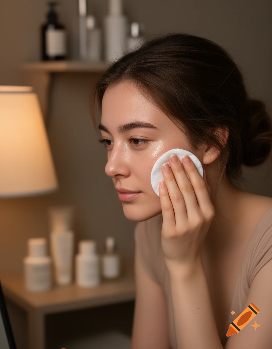 A young woman uses a cotton pad to clean her face, with skincare products visible in the background.