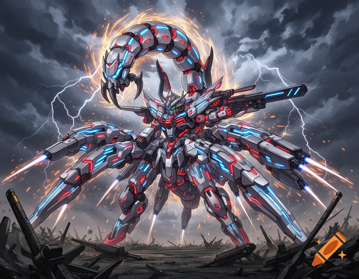 A menacing grey and red mecha with blue lights, a scorpion tail, and weapons stands in a stormy, lightning-filled battlefield.