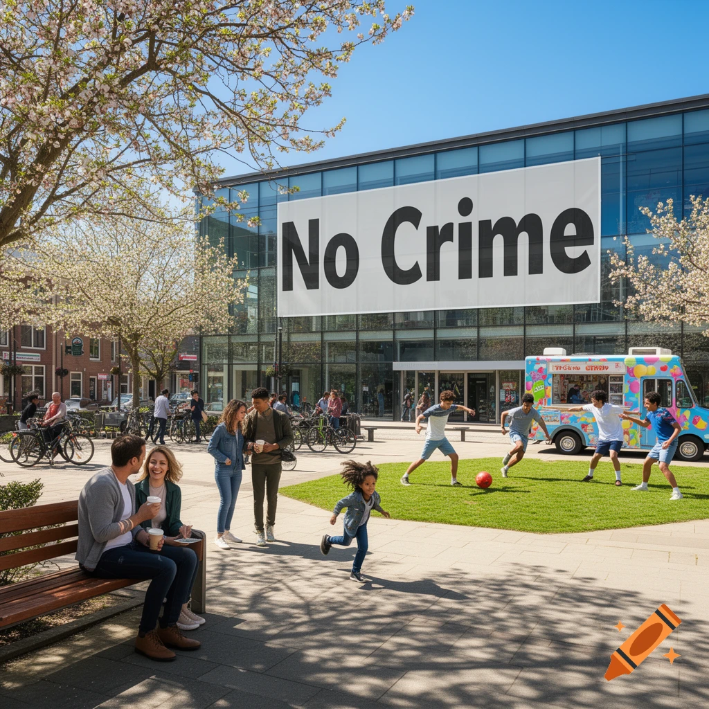 People enjoy a sunny day in an urban square with a "No Crime" banner on a building, a child running, and boys playing soccer.