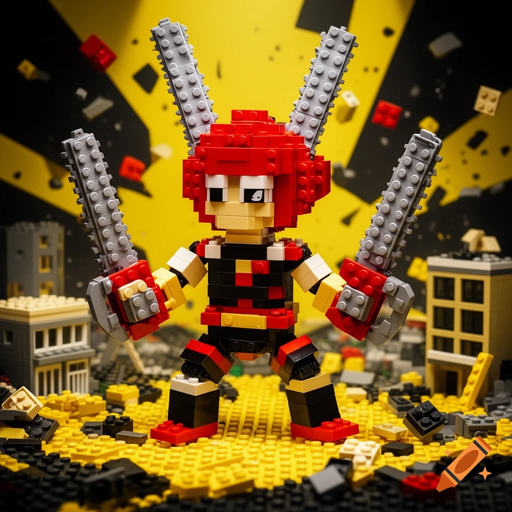 A red and black Lego figure with chainsaw arms stands amidst a destroyed Lego city on a yellow and black background.
