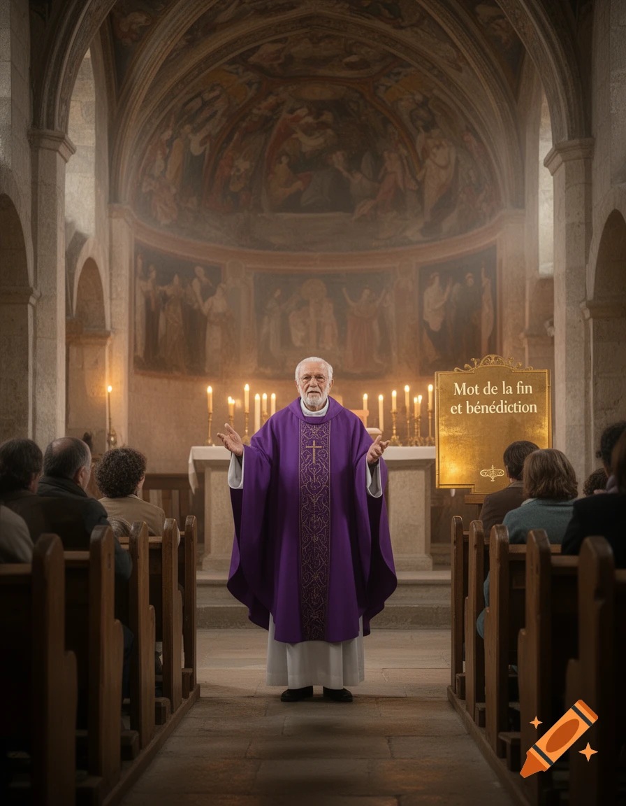 A solemn priest in purple vestments stands before an altar in a candlelit church, addressing a seated congregation.