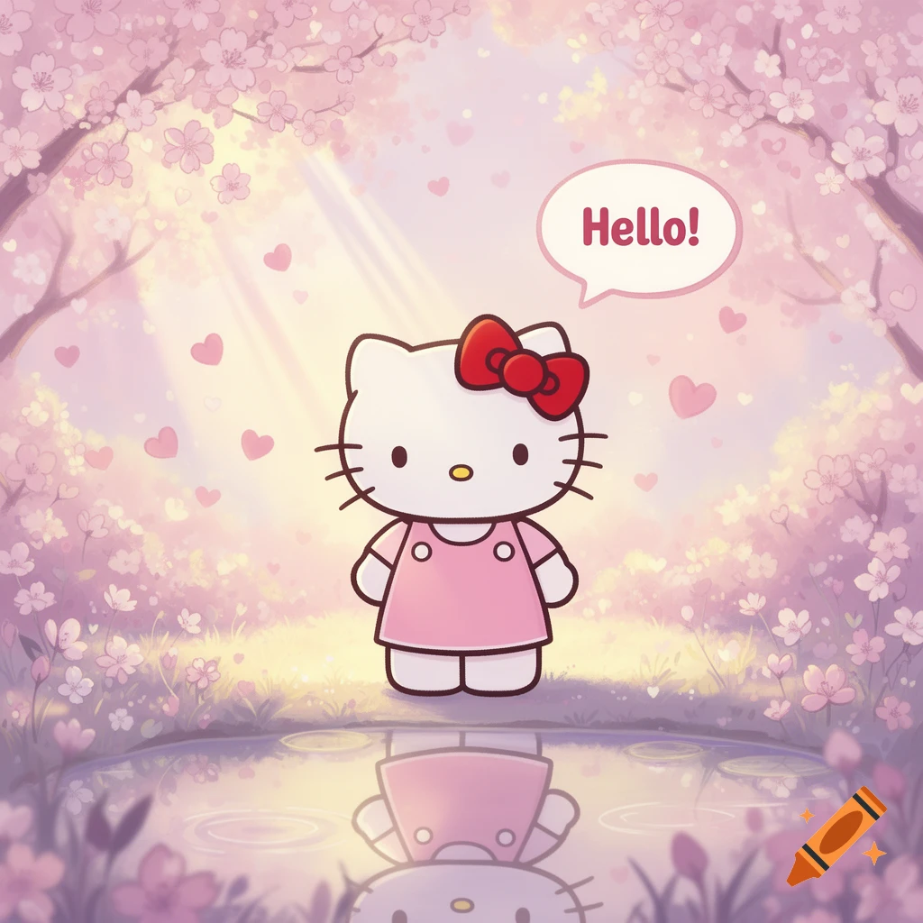 Hello Kitty in a pink cherry blossom garden, reflecting in a pond, with a 'Hello!' speech bubble.