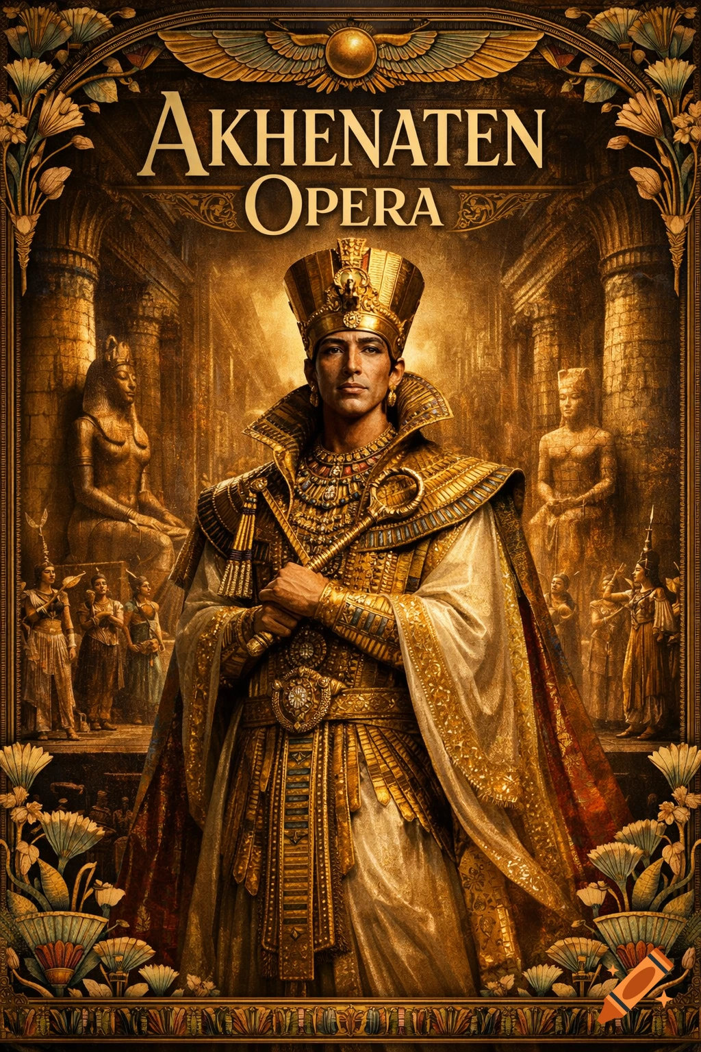 Ornate poster of a pharaoh in golden robes holding a scepter in an Egyptian temple, with 'Akhenaten Opera' text.