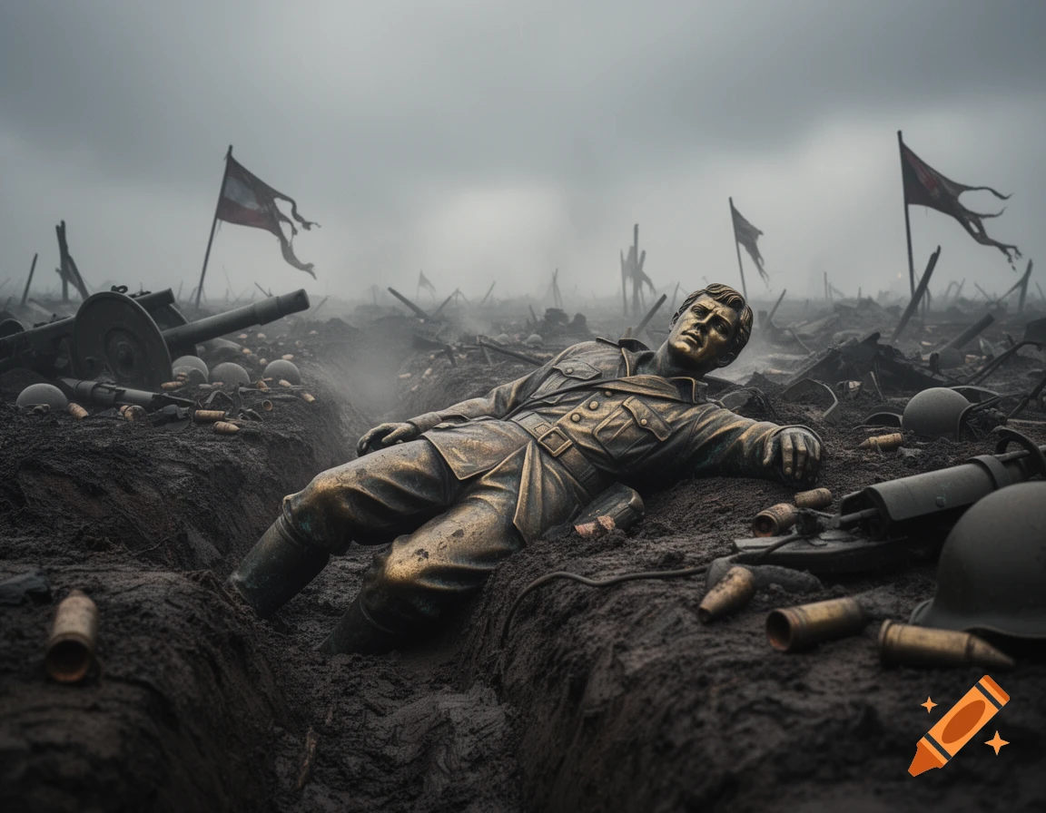 Photorealistic image of a bronze statue of a fallen soldier in a muddy trench on a desolate battlefield under a gray sky.