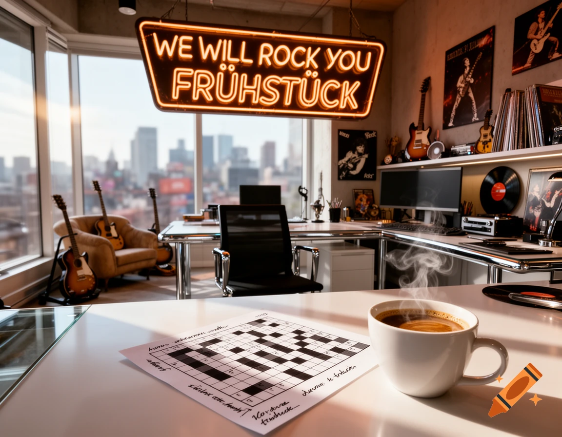 Photorealistic image of a rock-themed office with a neon sign, guitars, vinyls, and a crossword puzzle with coffee.