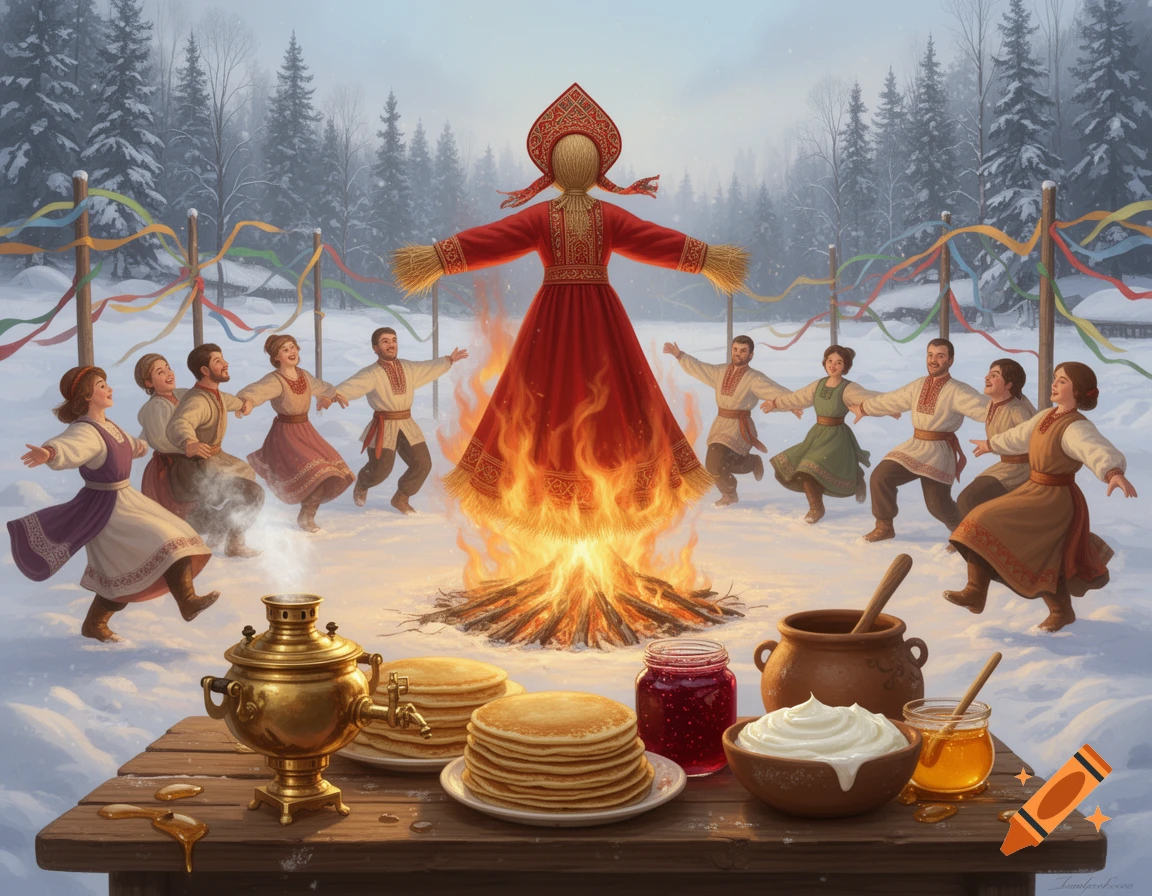 Digital illustration of a Slavic Maslenitsa festival. People dance around a burning straw doll in a snowy forest.