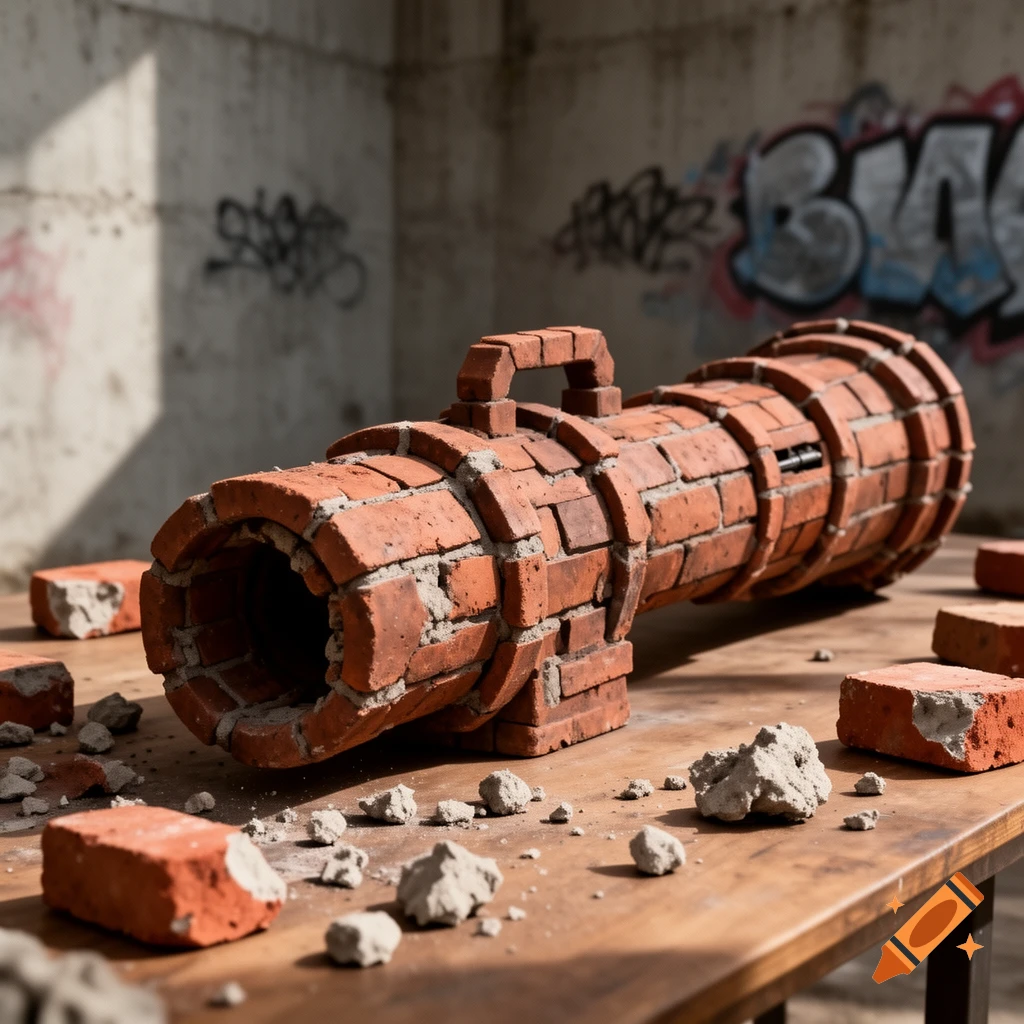 A photorealistic brick bazooka with a handle, made of red bricks and mortar, rests on a wooden table amidst debris in a graffiti-covered room.