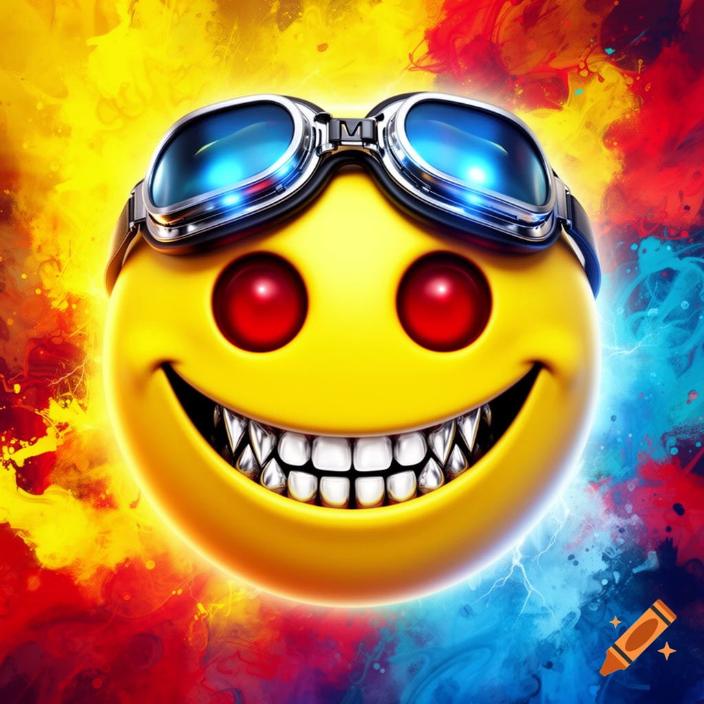 A yellow smiley face emoji with red eyes, metallic goggles, and sharp teeth, on a vibrant red, yellow, and blue background.
