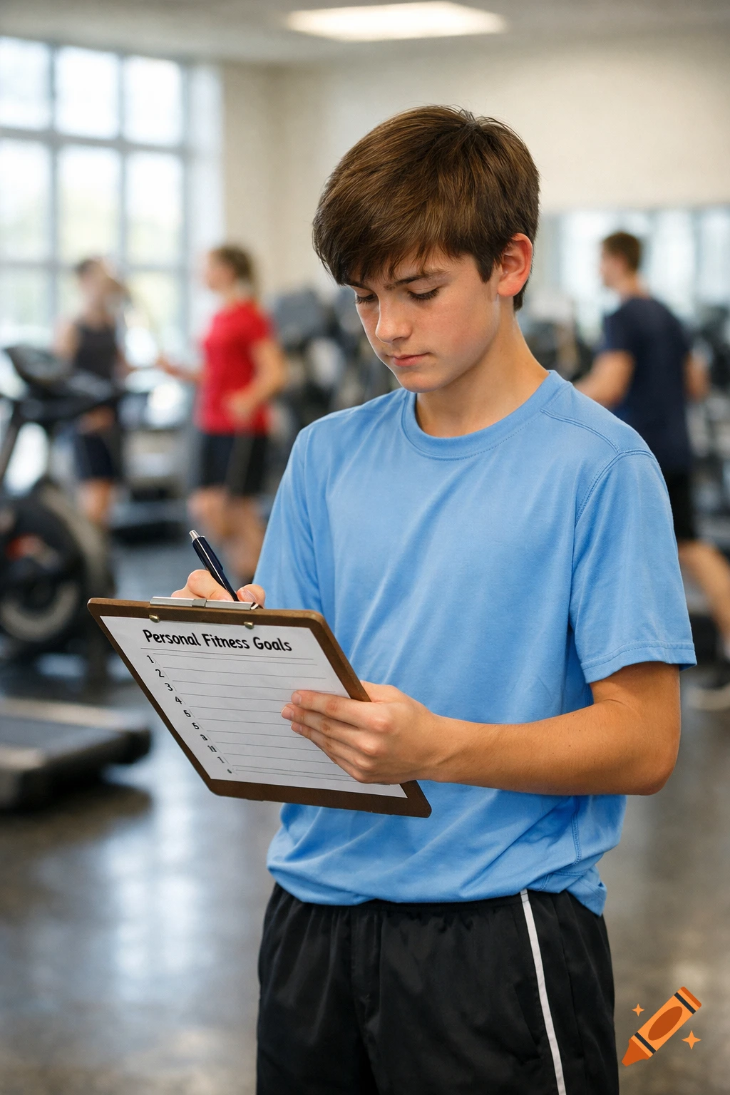 A young person in a blue shirt writes on a clipboard labeled 'Personal Fitness Goals' in a gym.