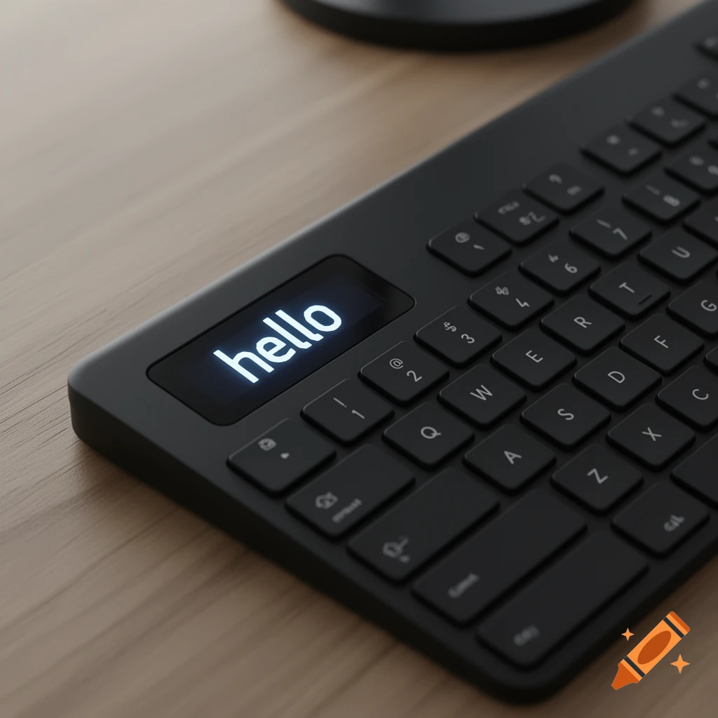 A modern black computer keyboard with a digital screen displaying the word 'hello' in glowing white letters on a wooden desk.