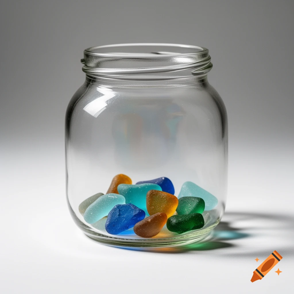 A clear glass jar containing various colorful pieces of sea glass, including blue, green, and amber, on a white surface against a grey background, photorealistic.
