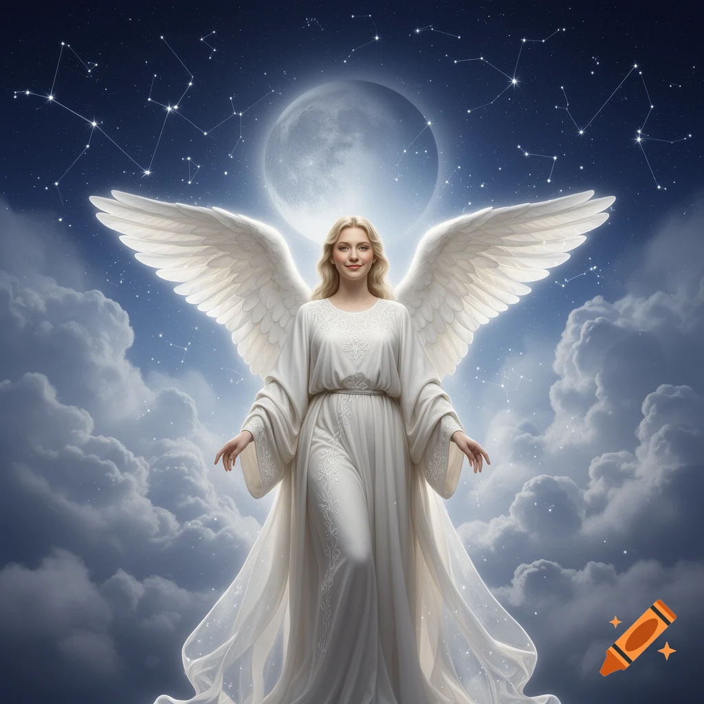 A beautiful blonde angel with large white wings stands among clouds under a starry night sky with a full moon.