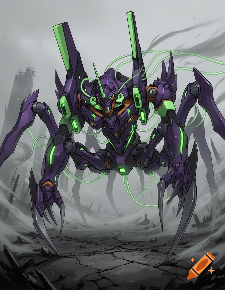 A purple and green spider-like mecha, resembling Eva 01, stands with sharp claws in a desolate, ruined landscape.