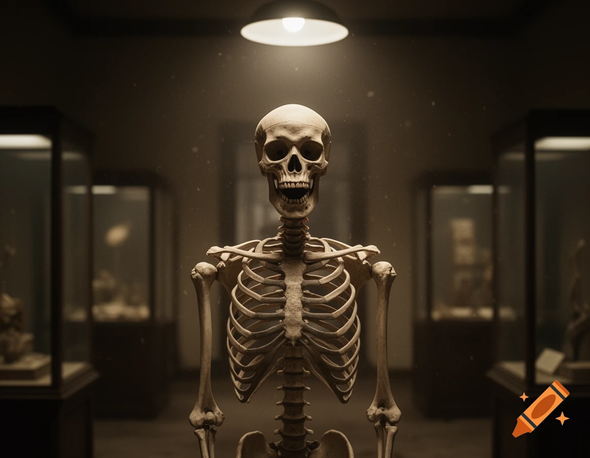 A photorealistic image of a shocked human skeleton standing under a spotlight in a dimly lit museum hall with display cases.