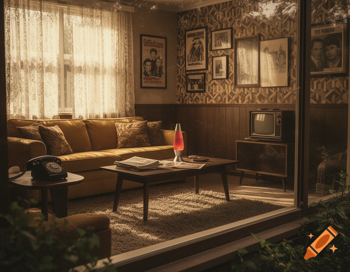A sunlit 1970s living room with a yellow sofa, lava lamp, vintage TV, patterned wallpaper, and sheer curtains.