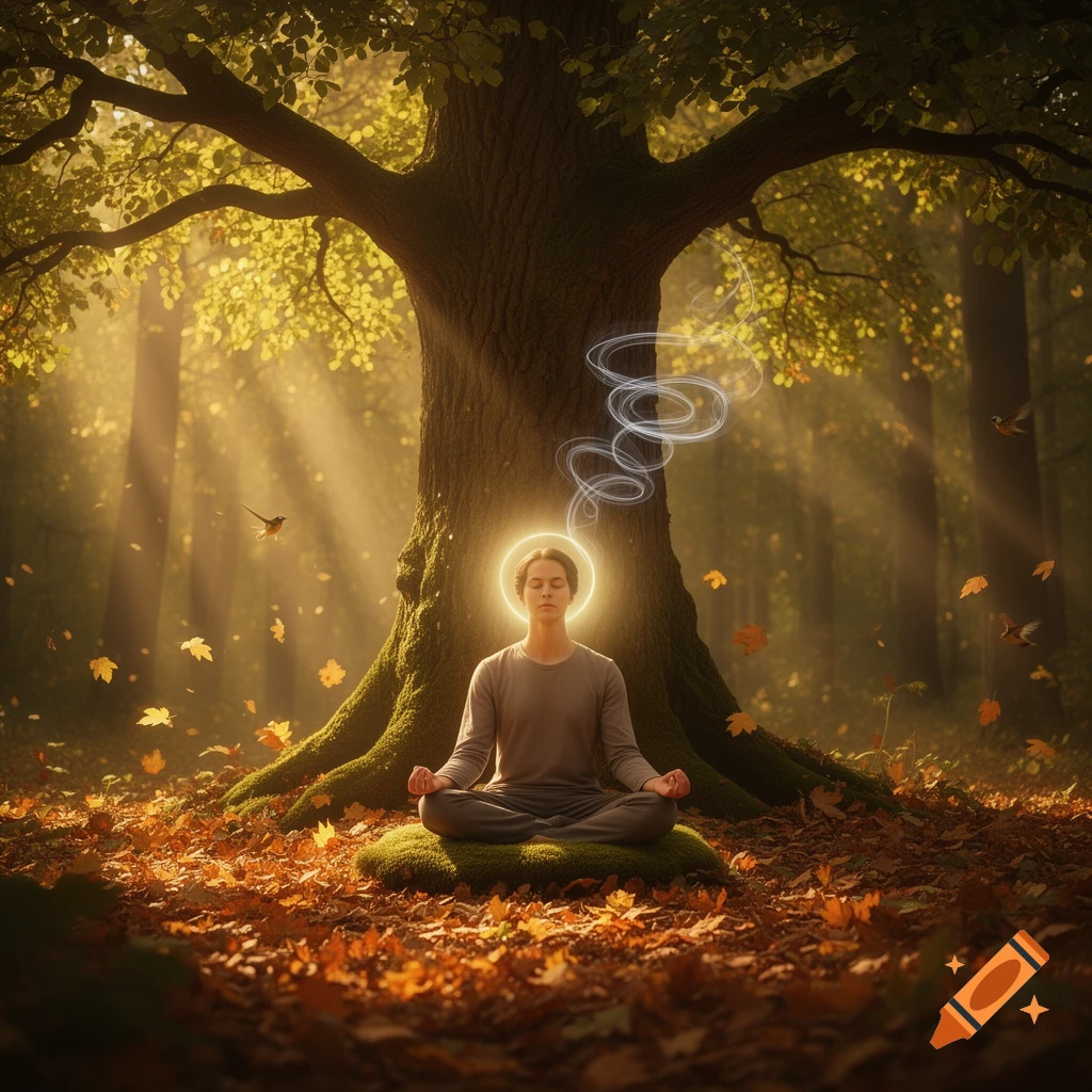 A person meditates under a large tree in an autumn forest, a glowing halo around their head and ethereal spirals above.