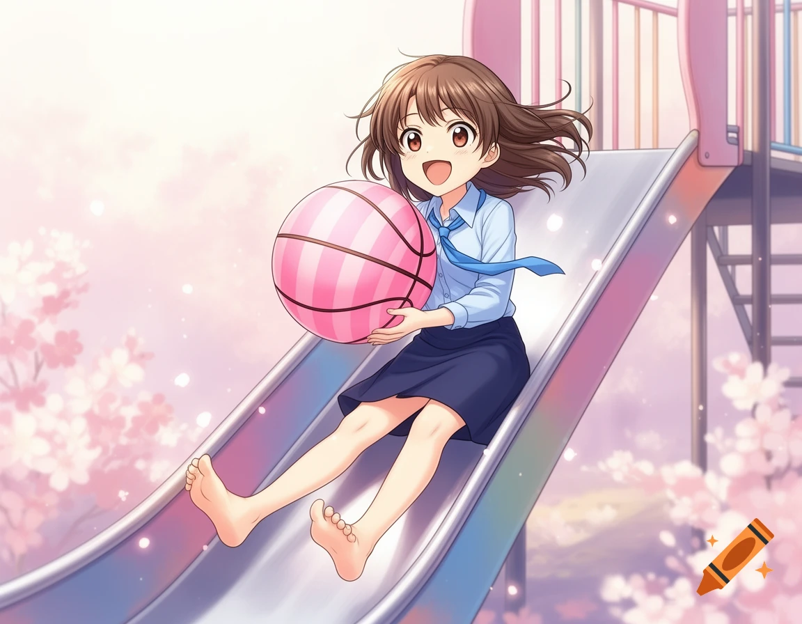 Anime girl joyfully slides down a playground slide, barefoot and holding a pink basketball, surrounded by cherry blossoms.