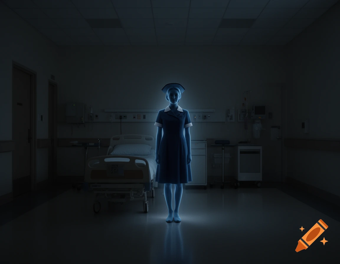 A blue glowing ghost-like nurse stands in the center of a dark, dimly lit hospital room with a bed and medical equipment.