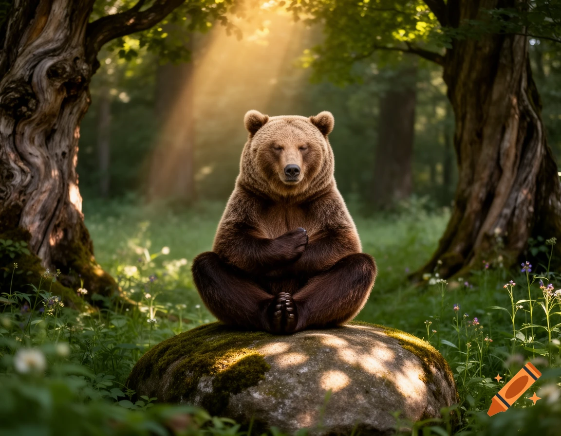 A photorealistic brown bear meditates cross-legged on a mossy rock in a sunlit forest.