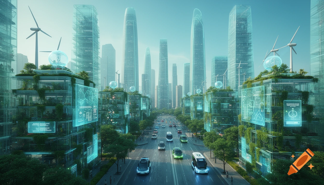 A vibrant futuristic city street with sleek cars driving between green buildings adorned with glowing holographic displays and wind turbines on rooftops, under a clear sky.