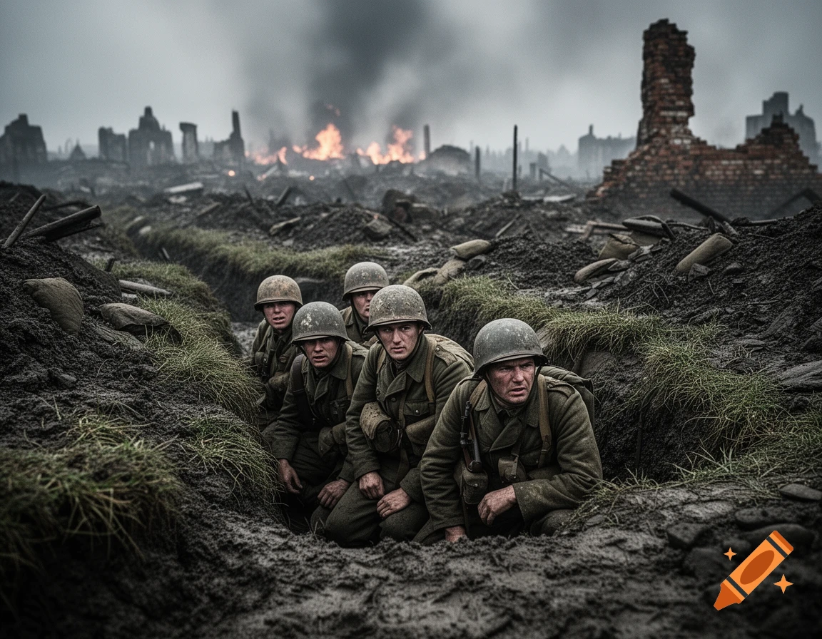 Photorealistic image of soldiers crouching in a muddy trench amidst a destroyed city, with fires and smoke in the background.