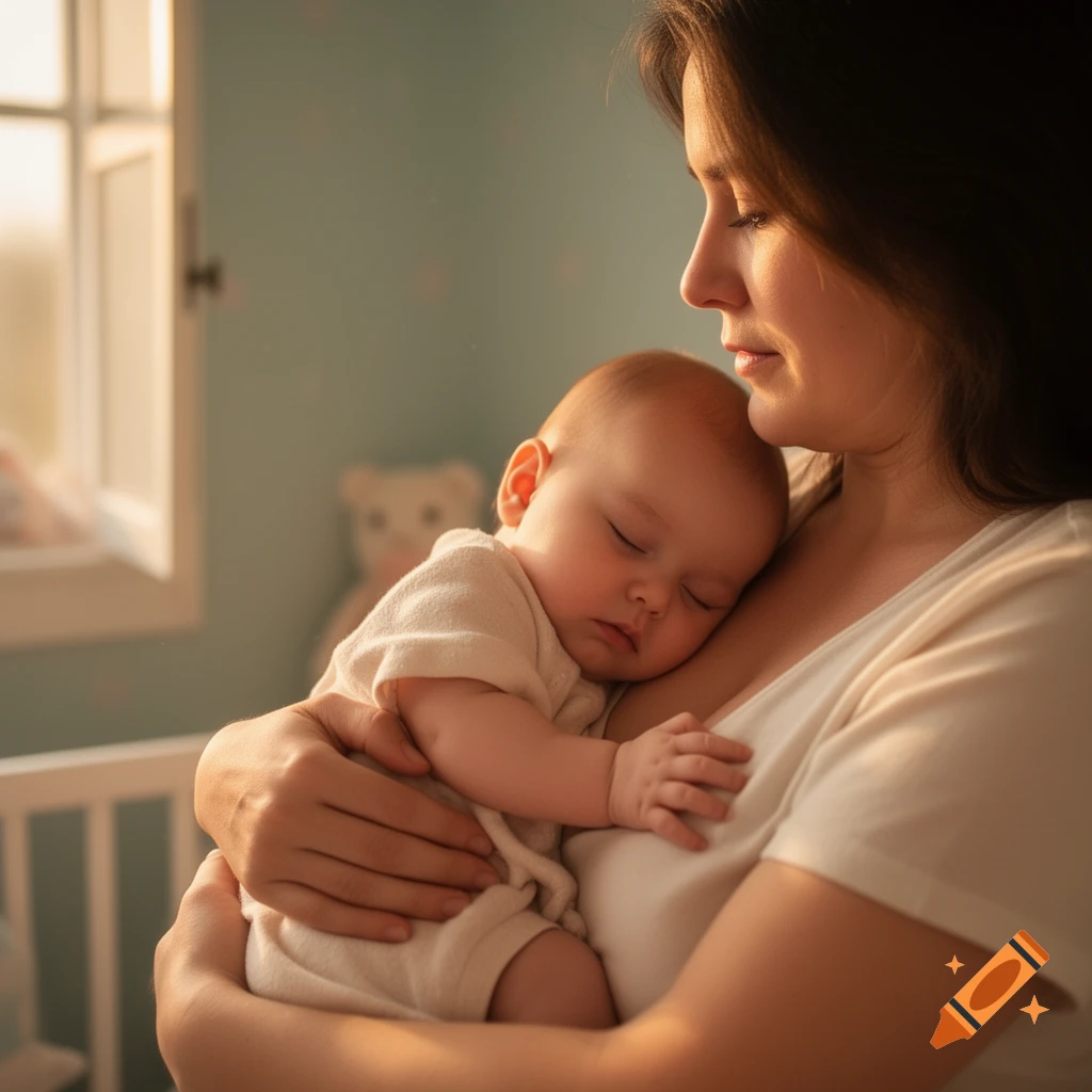 A woman lovingly holds a sleeping baby close to her chest in a softly lit room with a window.