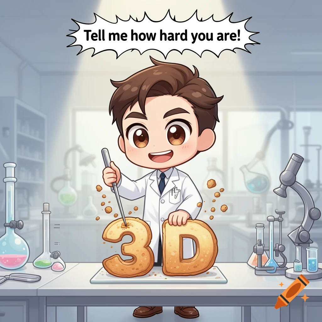 Chibi scientist in a lab coat pricks bread letters '3D' with a needle ...