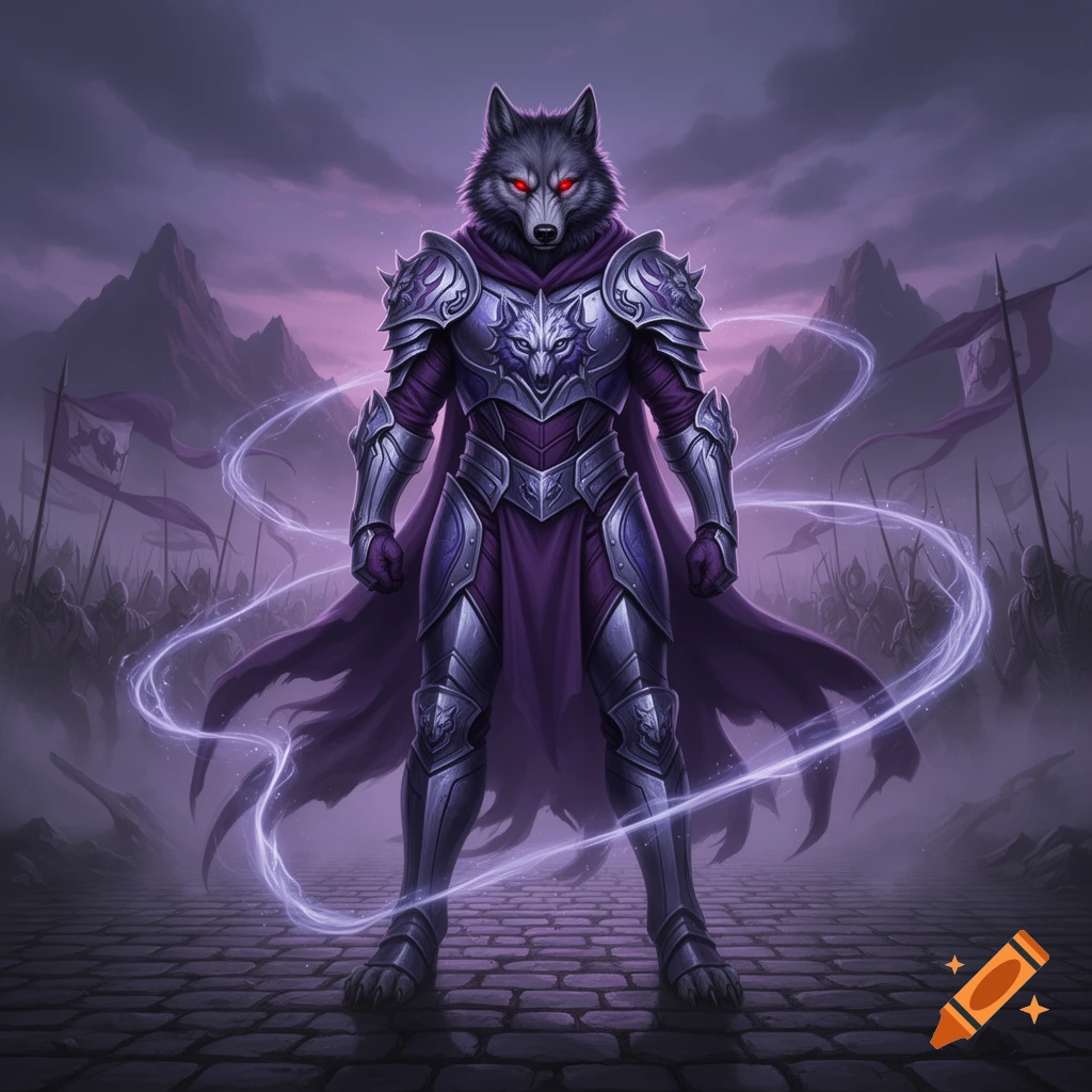 An anthropomorphic wolf knight in ornate silver and purple armor and a cape, with glowing red eyes, stands on a stone path with swirling purple magic. A misty battlefield and mountains are in the background, digital art.