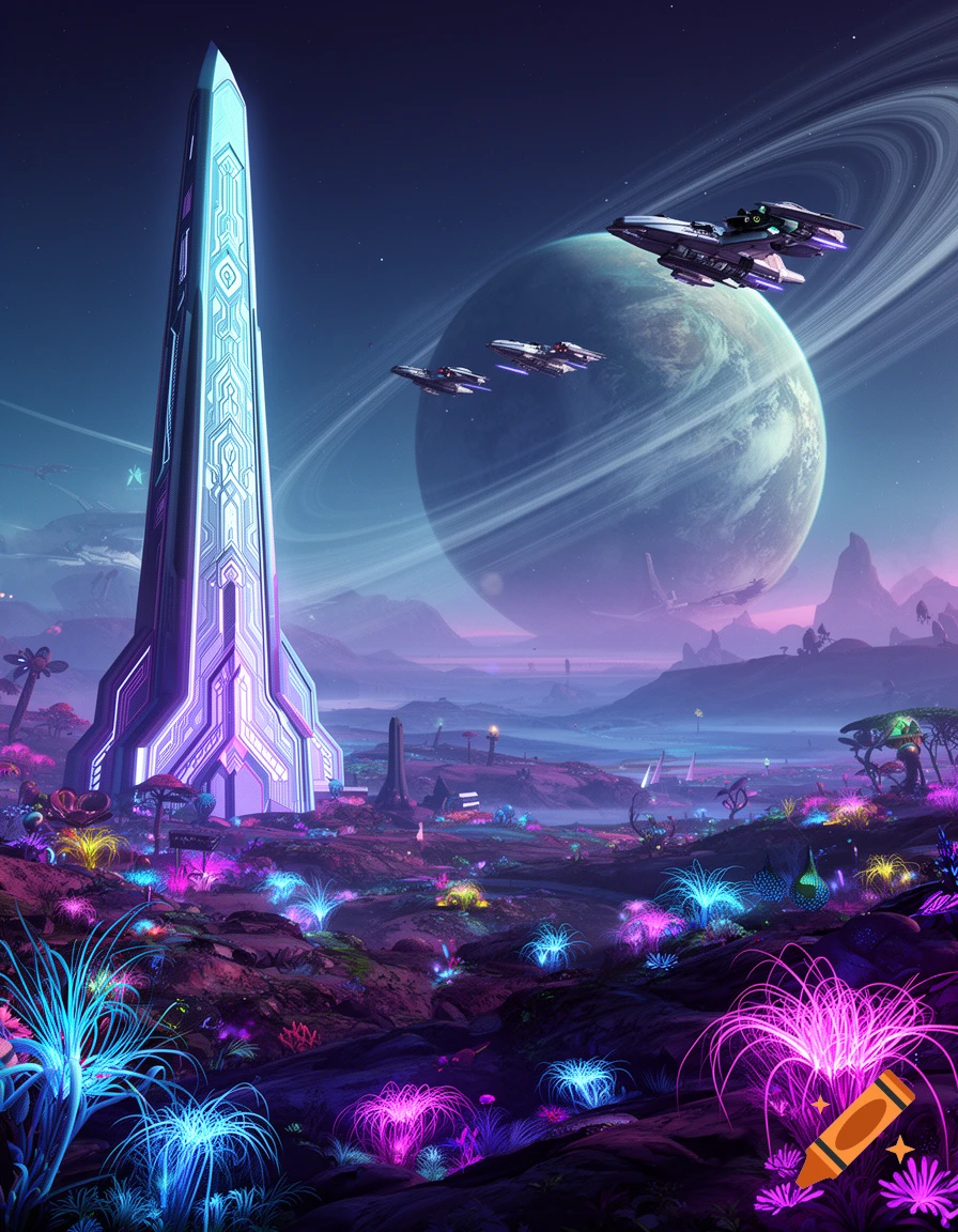 Vibrant neon sci-fi landscape with a towering structure, spaceships, and a ringed planet in the alien sky.