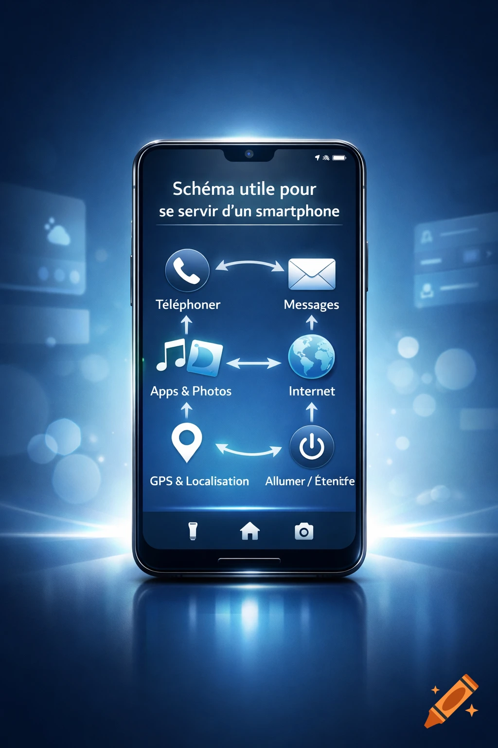 A smartphone displaying a diagram with icons and text explaining its functions like calling, messages, internet, apps, GPS, and power, on a glowing blue background.