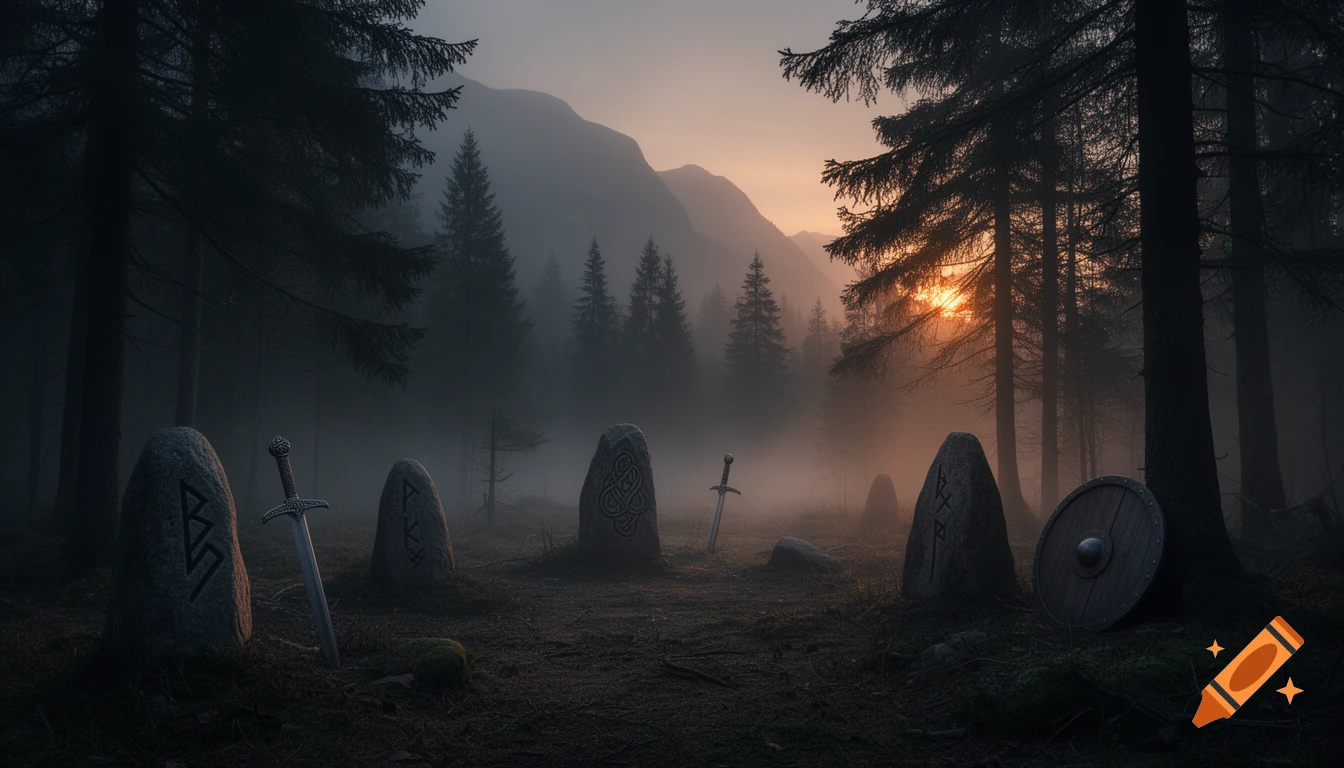 Dark, foggy northern forest at sunset with ancient runic stones, swords, and a shield.