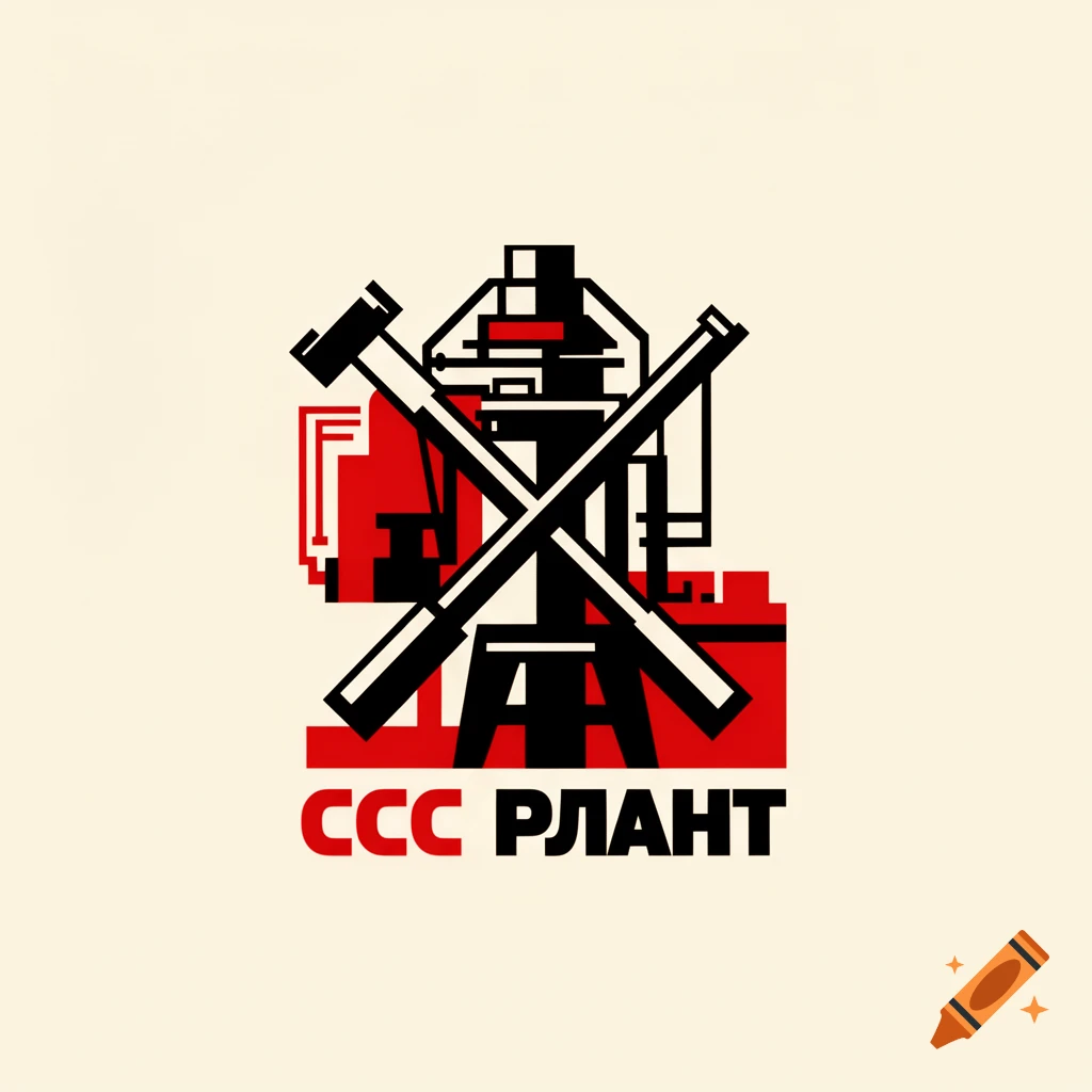 A minimalist Soviet constructivist logo in red, black, and off-white, featuring crossed hammer and industrial equipment above Cyrillic text 'CCC "."РЛАНТ'.