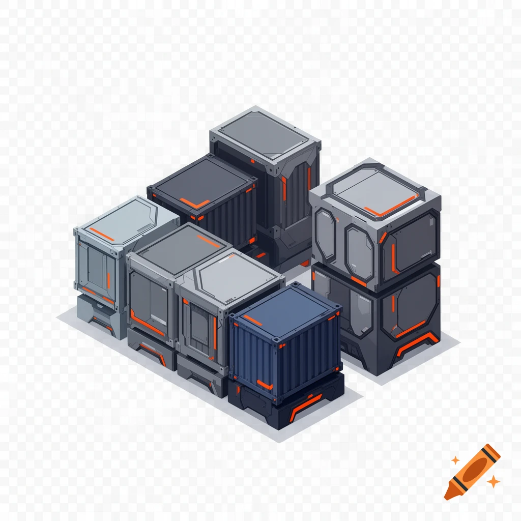 Modular isometric view of futuristic cargo containers on a transparent background.