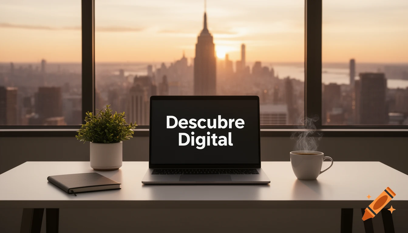 A minimalist desk with a laptop displaying 'Descubre Digital', a plant, notebook, and coffee, overlooking a Manhattan sunset through a large window.