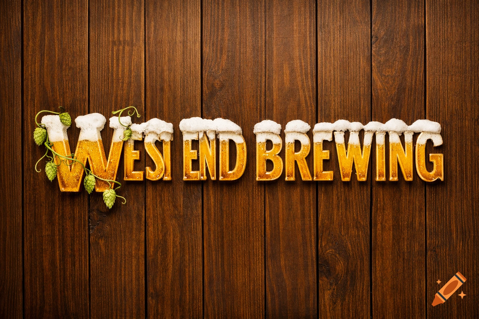 3D text "WEST END BREWING" filled with golden beer, topped with foam and adorned with hop vines, on a dark wooden background.