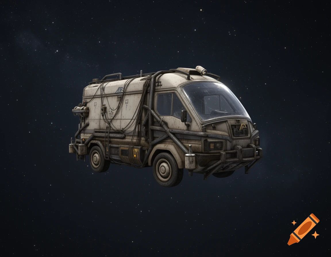 A rugged, cream-colored futuristic space shuttle or van floats against a dark, starry background.