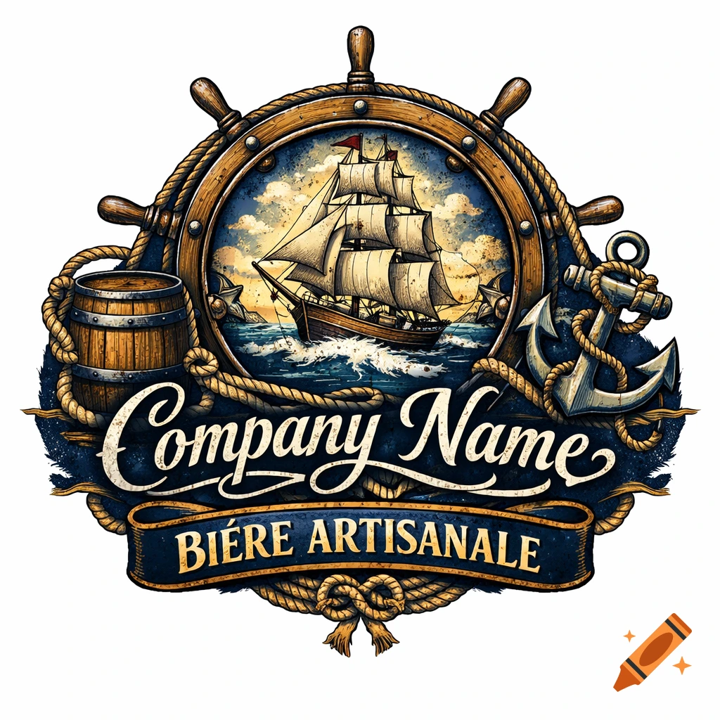Vintage-style nautical logo with a ship in a ship's wheel, anchor, barrel, and ropes. Text: 'Company Name BIÈRE ARTISANALE'.