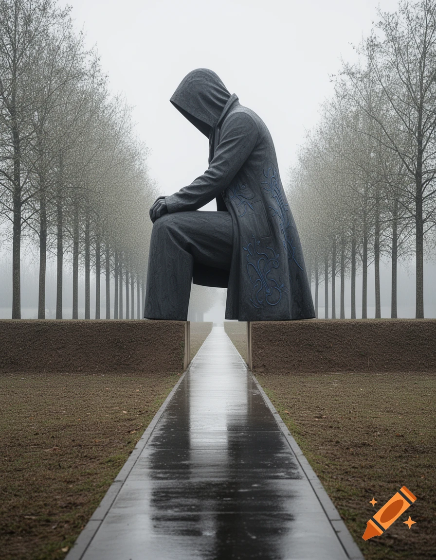 A massive, dark hooded figure sits over a wet, reflective path, flanked by bare trees in a misty, barren landscape.