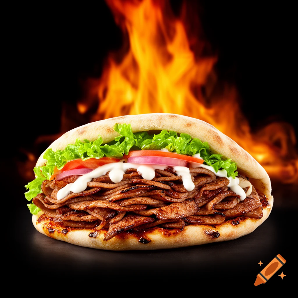 A photorealistic döner kebab sandwich with lettuce, tomatoes, onions, meat, and white sauce, set against a fiery black background.