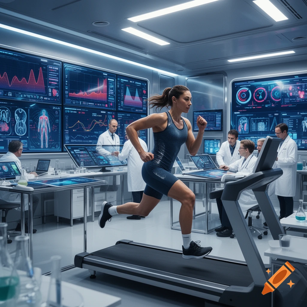 Treadmill Science A woman runs on a treadmill in a futuristic sports science lab ...