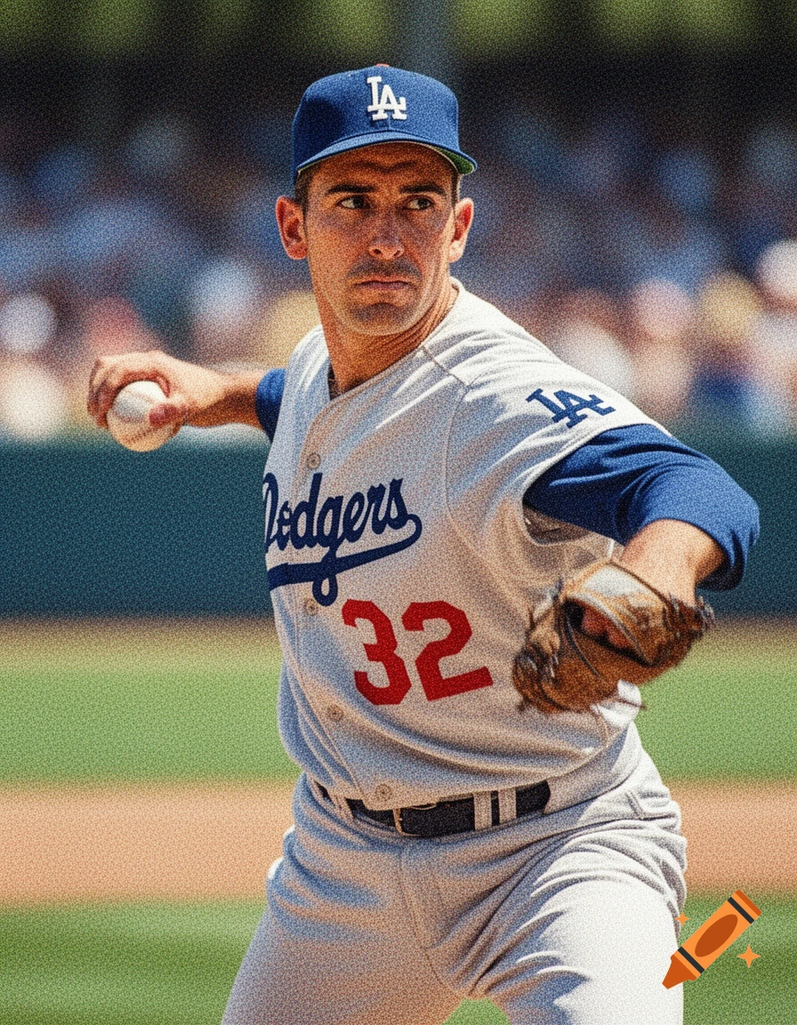 A photorealistic portrait of a baseball player in a gray Dodgers uniform with number 32, mid-pitch on a sunny day.