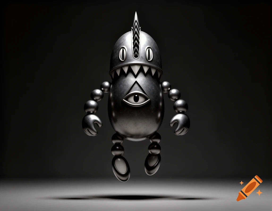 A metallic concept art robot character with a helmet head, jagged teeth, an all-seeing eye on its chest, floating in dramatic lighting.
