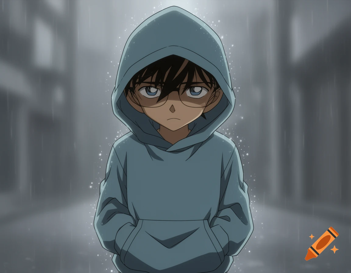 Anime style depiction of Conan Edogawa in a light blue hoodie with hands in his pockets, looking sad while rain falls around him.