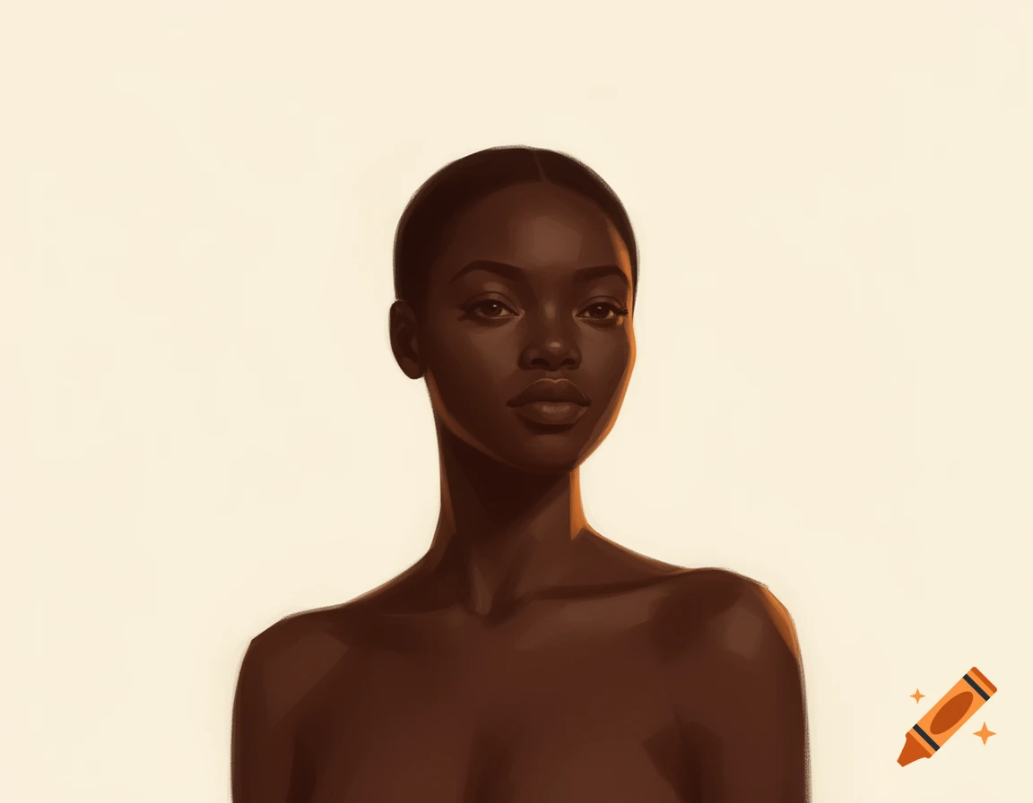Minimalist painting of a dark-skinned woman with bare shoulders, looking forward.