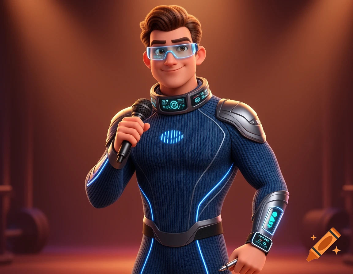 A stylized 3D man with brown hair and blue eyes, wearing a glowing blue futuristic suit, blue visor glasses, and holding a microphone.
