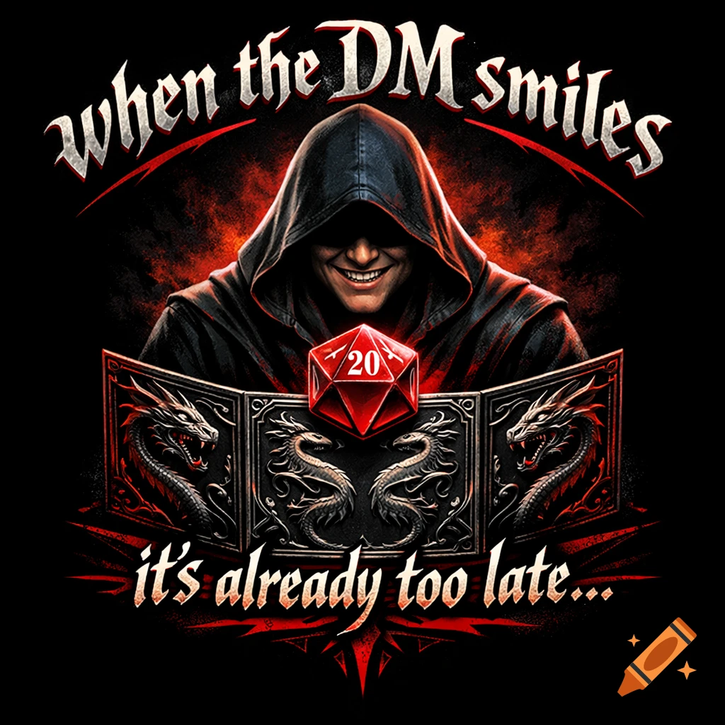 A hooded Dungeon Master with a sinister smile, a D&D screen with dragons, and a large red d20. Text reads "When the DM smiles it's already too late..."