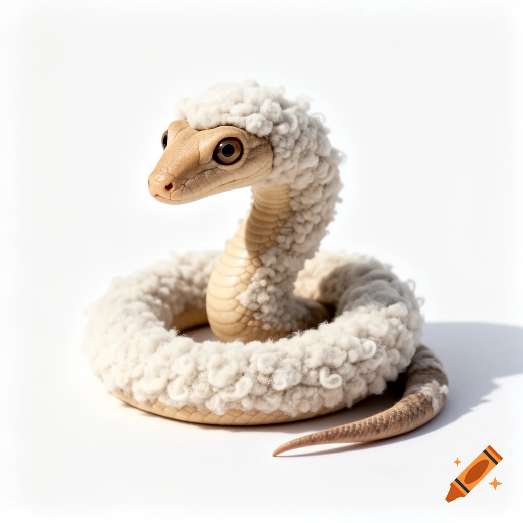A cute snake with a tan face and body, covered in fluffy white sheep's wool, coiled on a white background.